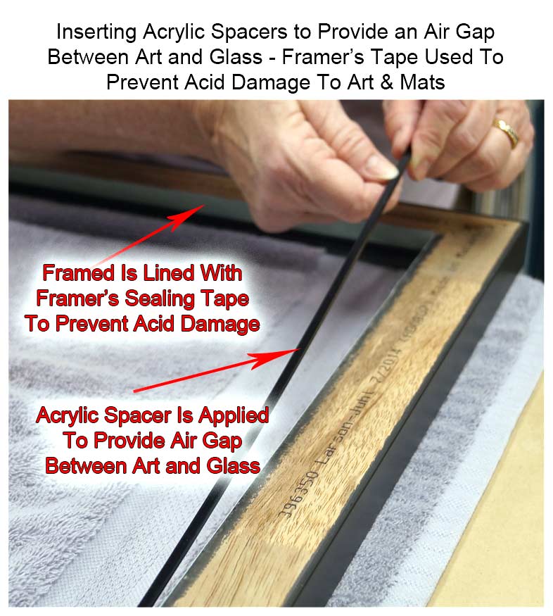 Example of The Application Of Acrylic Spacers To Provide Air Gap Between Art And Glass